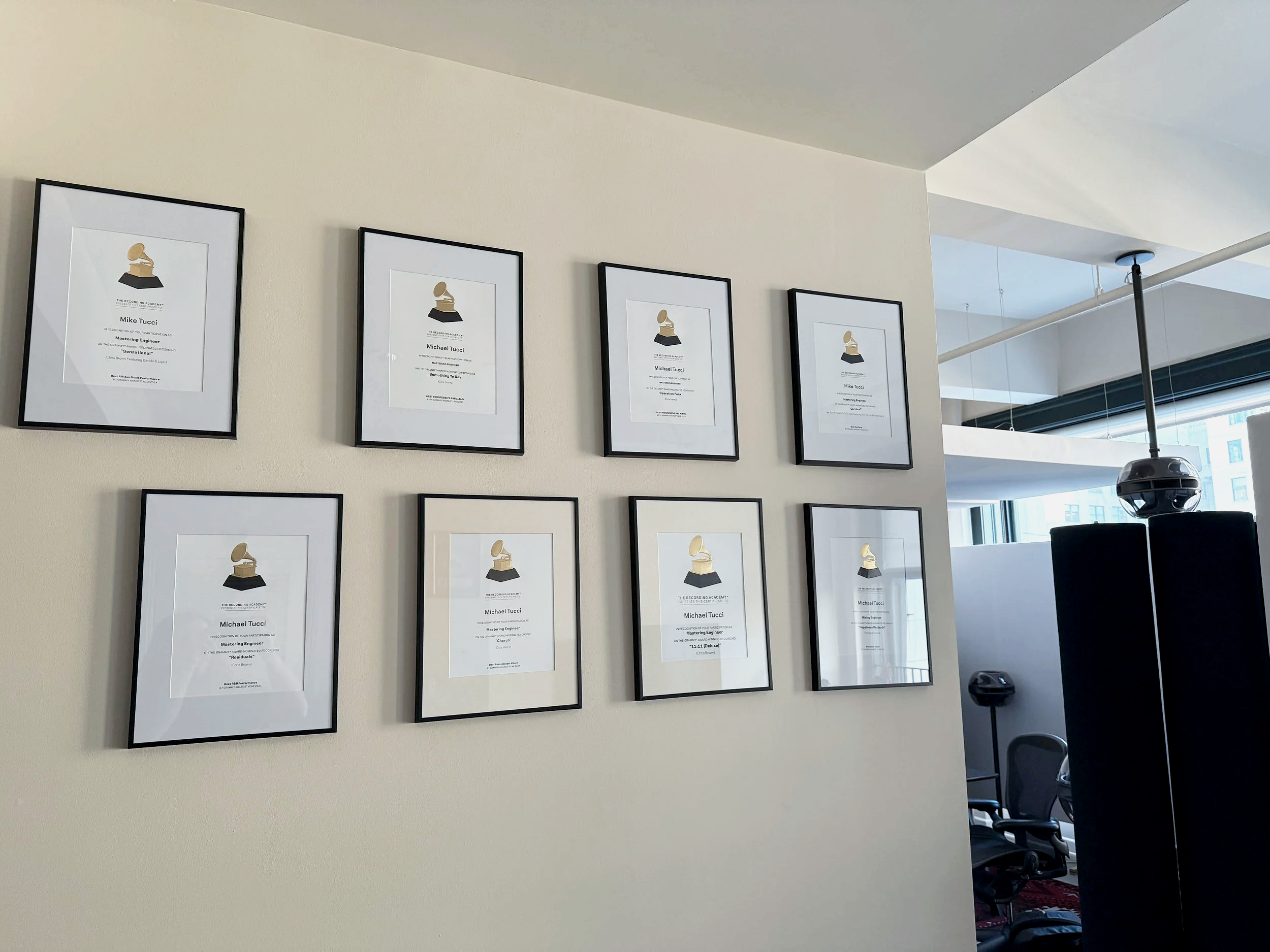Grammy Awards plaques and certificates